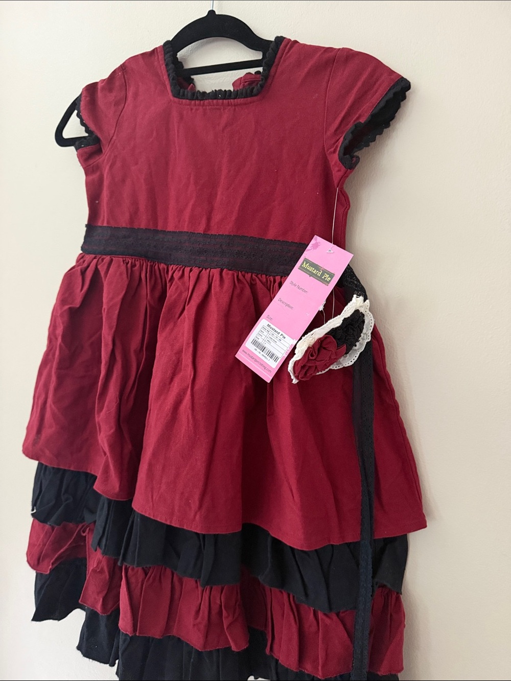 Mustard Pie Red and Black Ruffle Tiered Dress with Hair clip